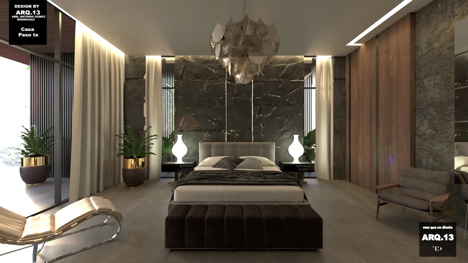 Render de la recámara con cabecera de mármol, candil de hojas y chaise longue.
