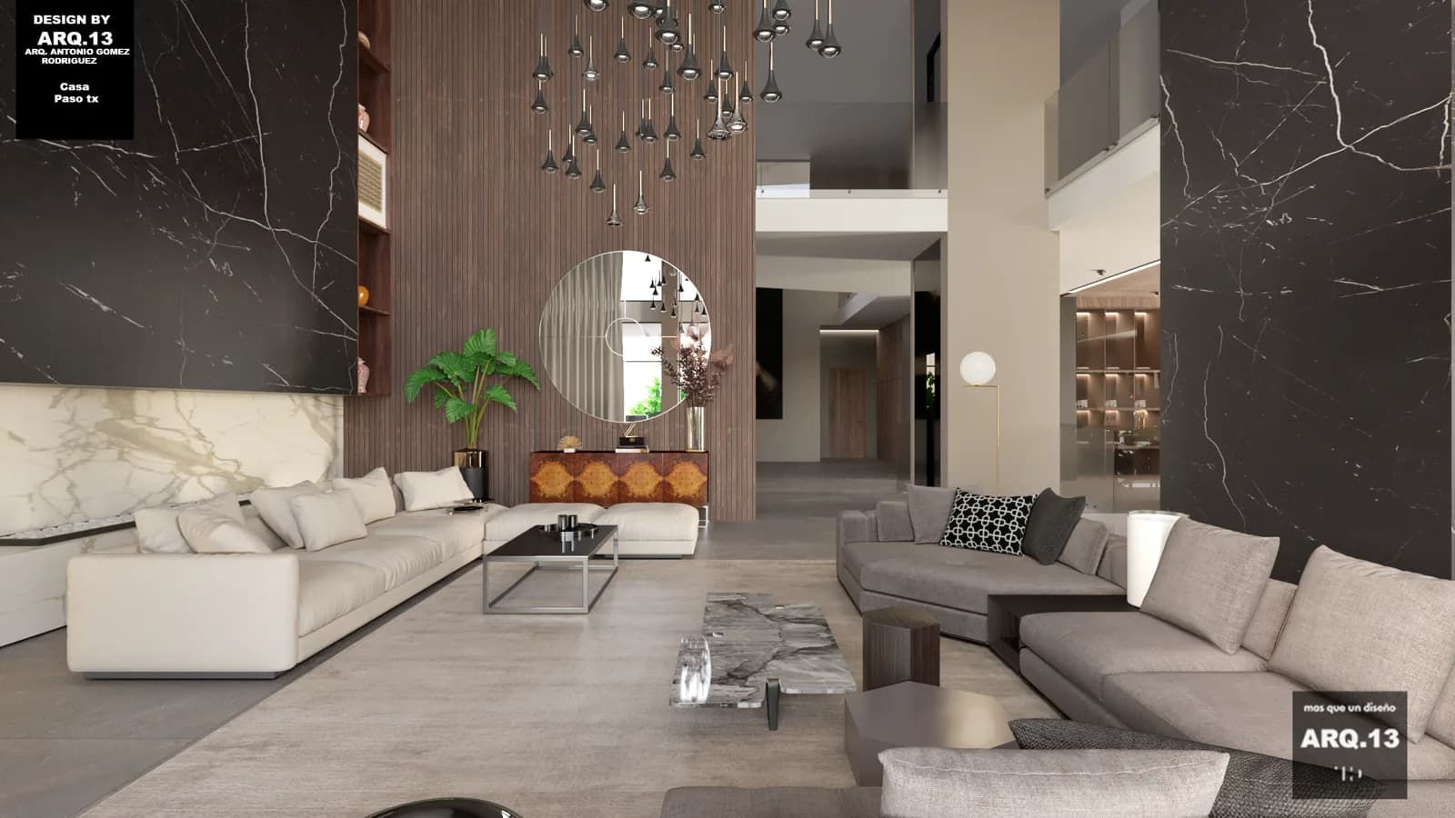 Render de la sala con muros de mármol, espejo circular y paneles de madera.