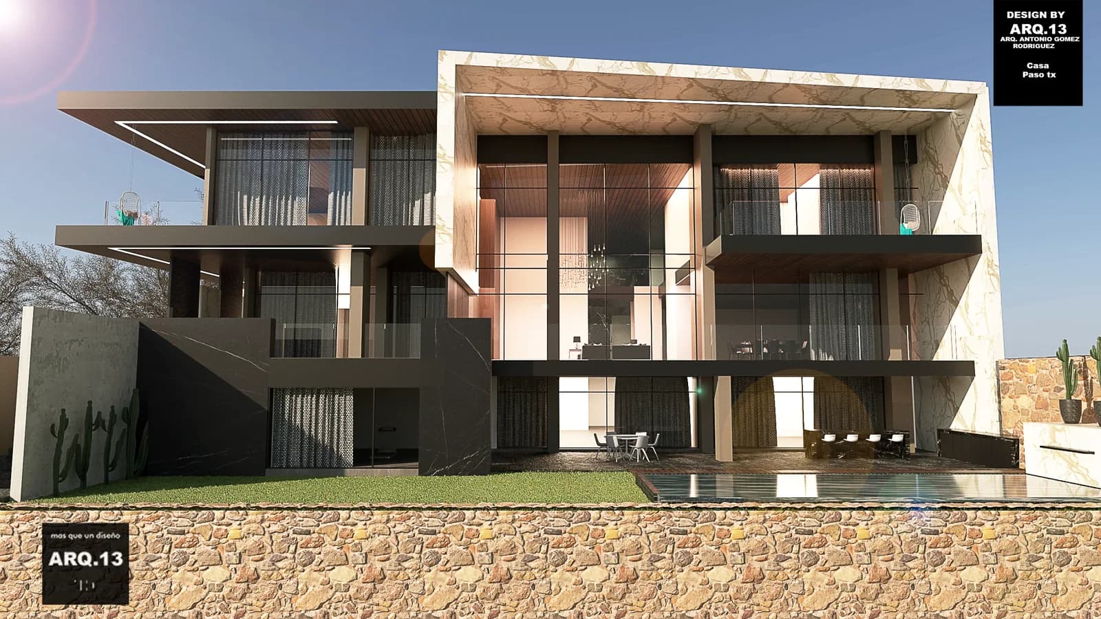 Render de la fachada con volúmenes de mármol claro, terrazas y alberca sobre el muro de piedra.