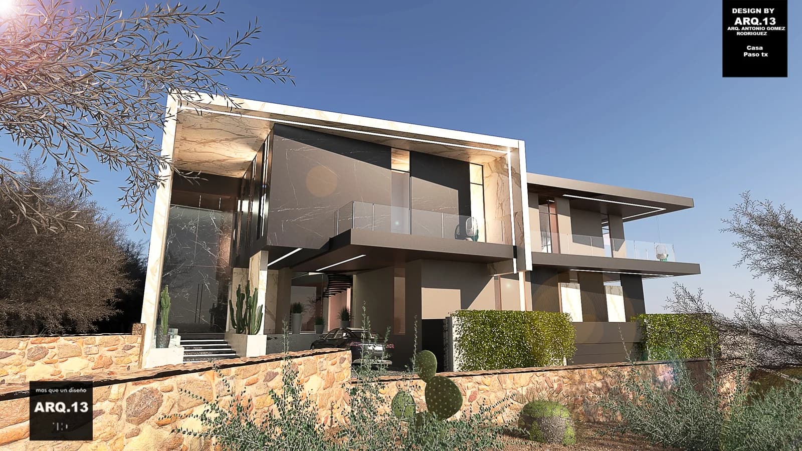 Render de la fachada en perspectiva con el marco de mármol y la escalera de acceso.