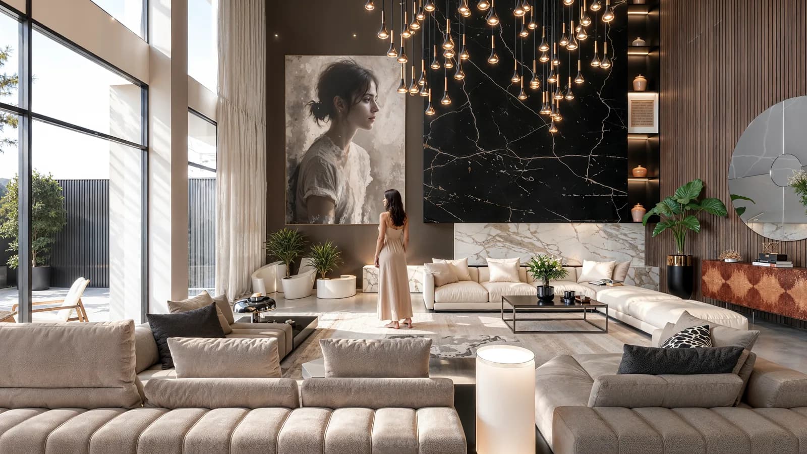 Render de la sala de Casa San Clemente, con muro de mármol negro, candil de gotas y cuadro de gran formato.