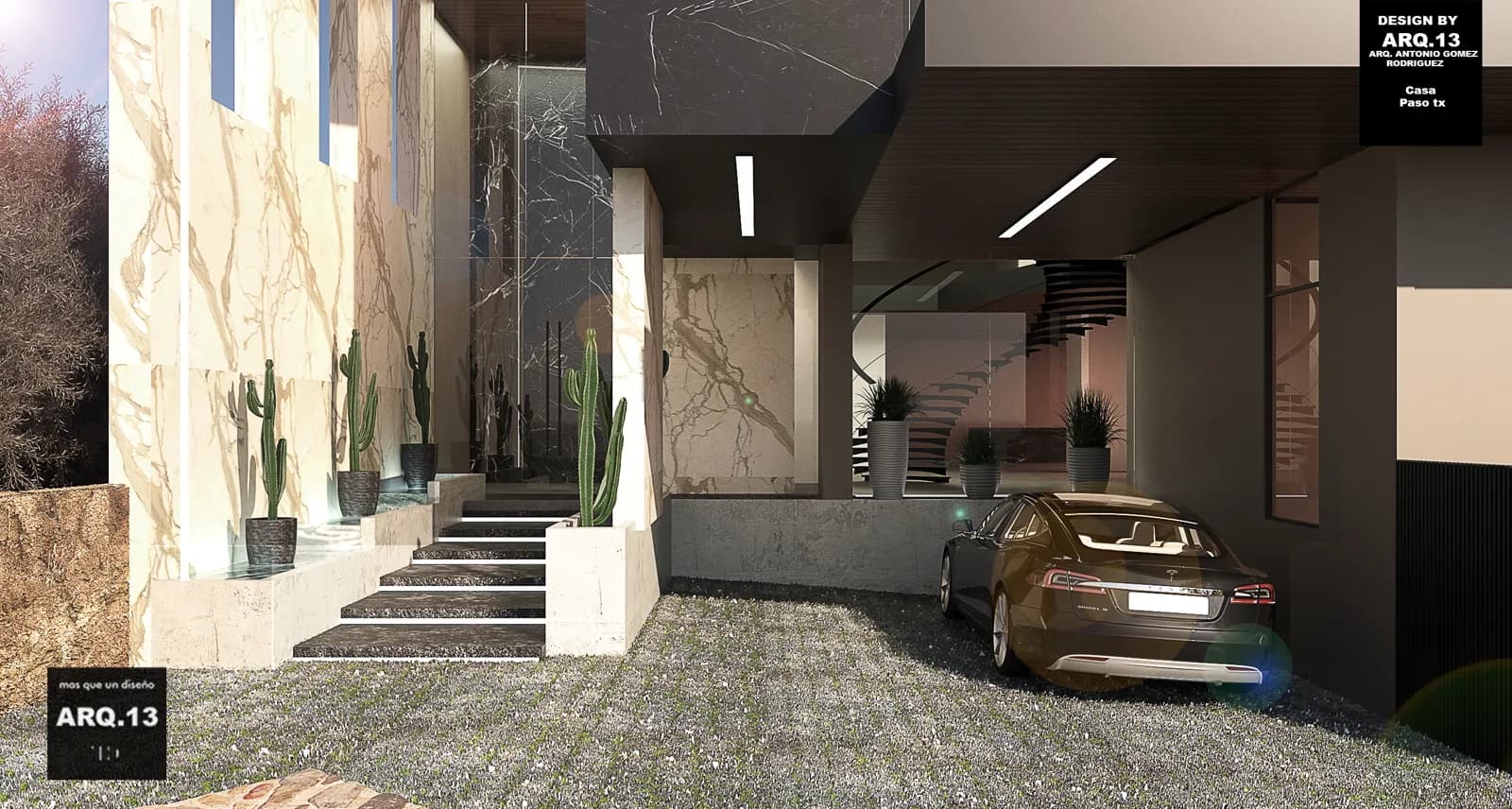 Render del acceso con escalinata, muro de mármol veteado y la cochera.