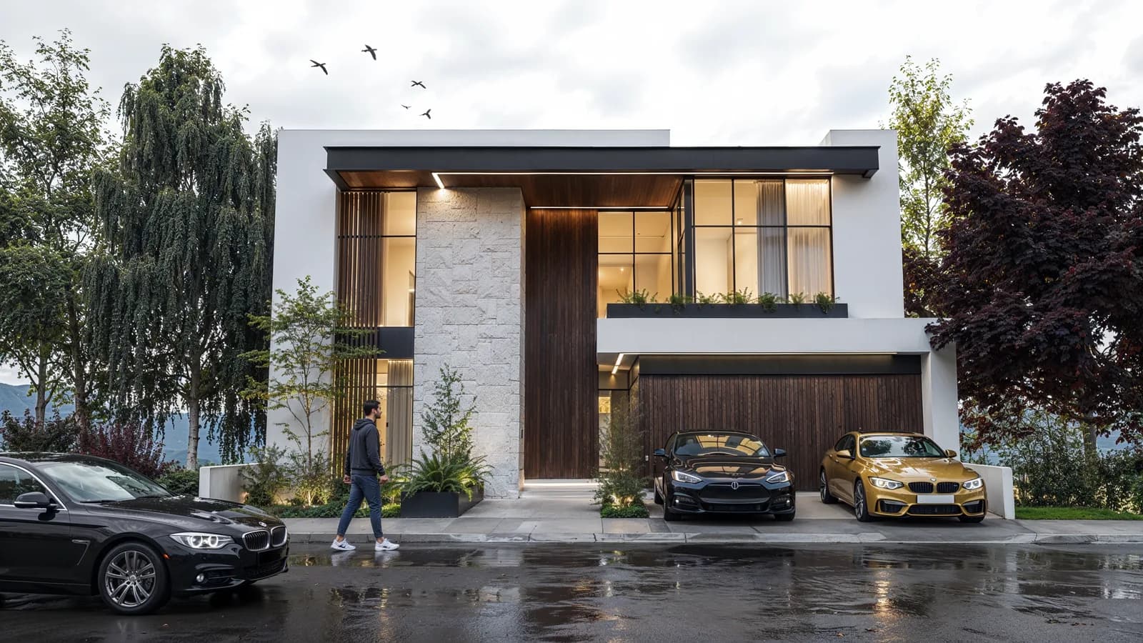 Render frontal de la fachada con la cochera de madera y los ventanales iluminados.