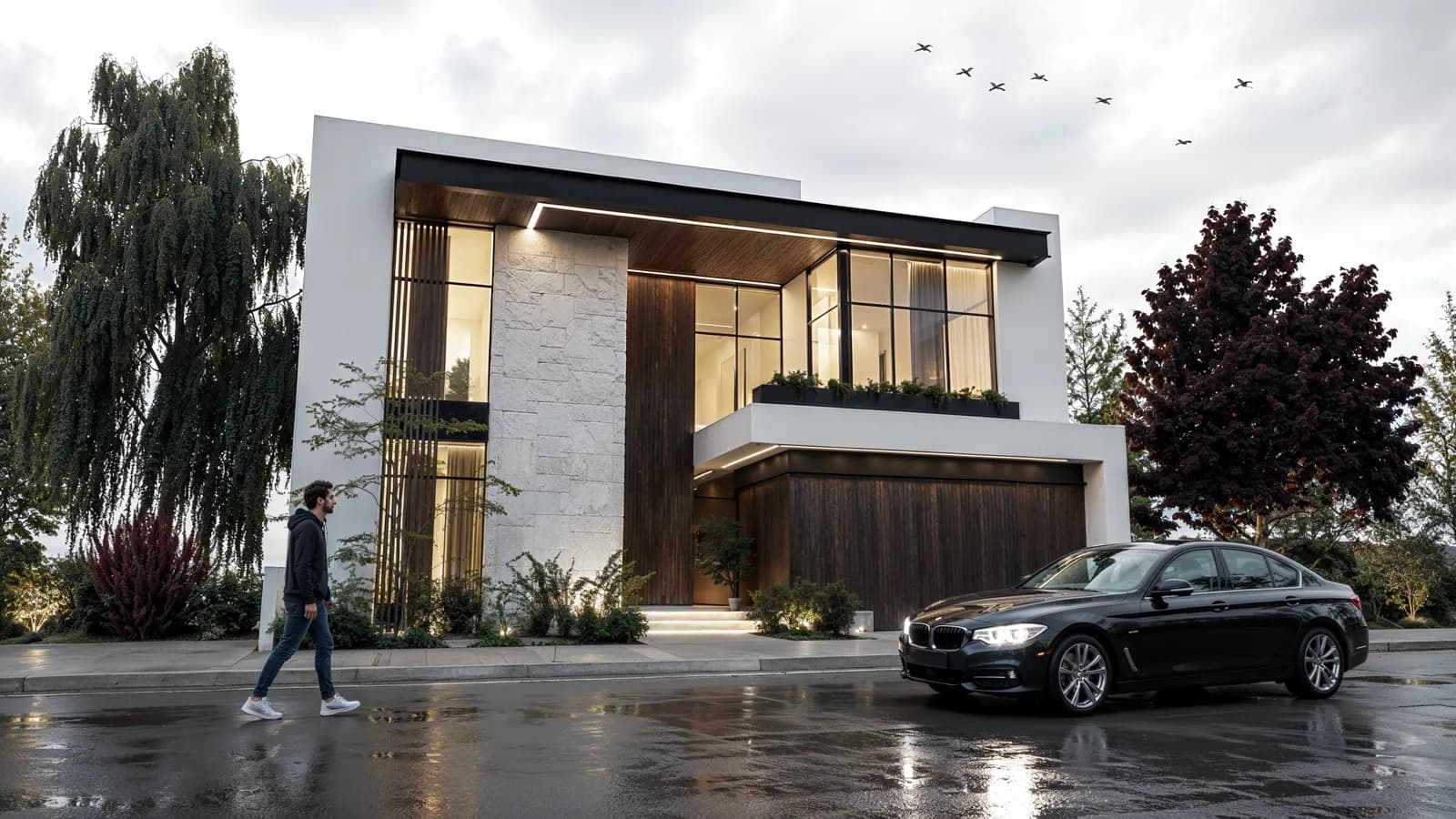 Render de la fachada en perspectiva con el volumen de piedra y la jardinera del balcón.