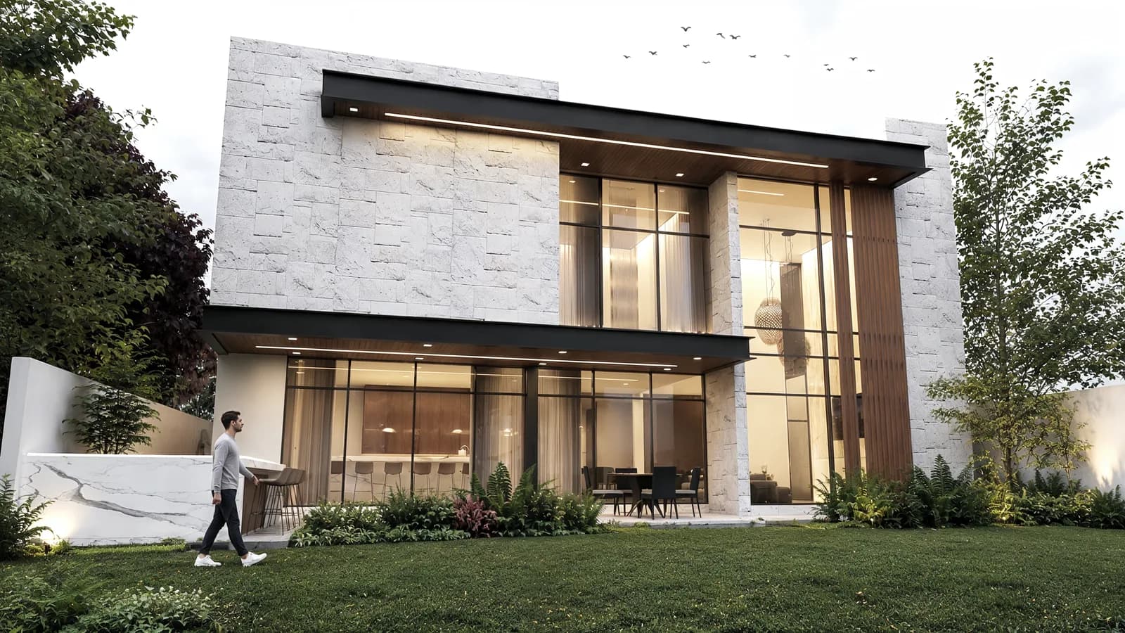 Render de la fachada posterior con muros de piedra, ventanales de doble altura y jardín.