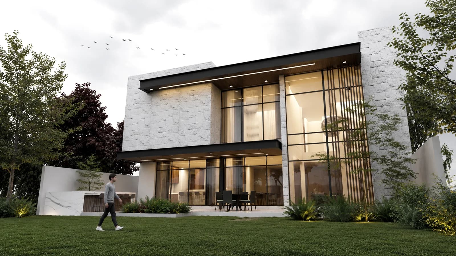 Render de la fachada posterior en perspectiva, con la celosía de madera.