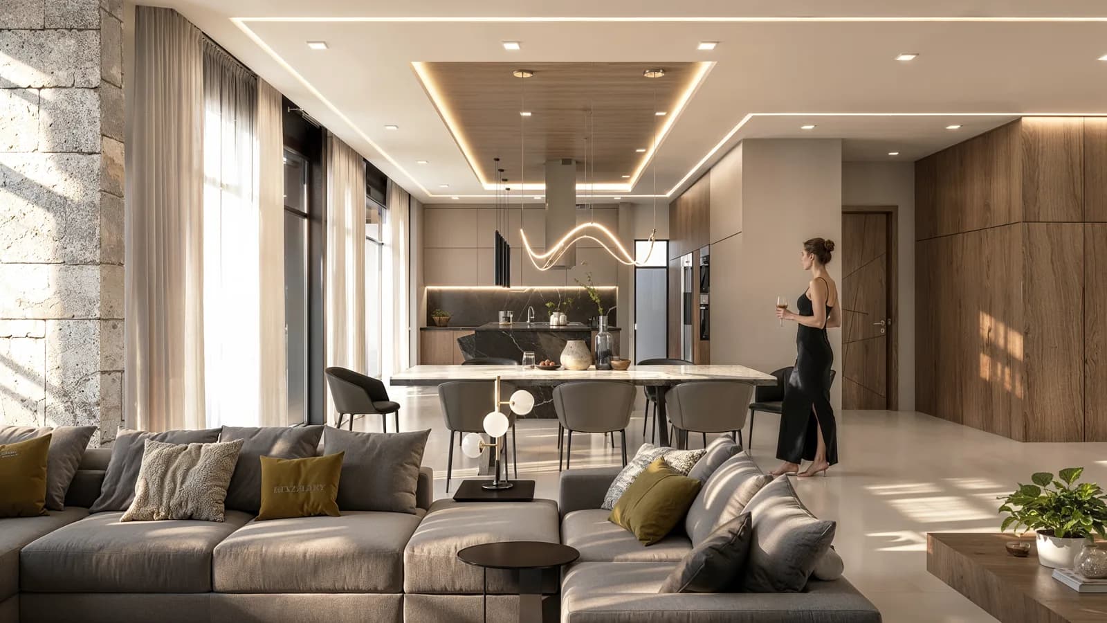 Render de la sala con sillones grises y la cocina al fondo, bajo el plafón iluminado.