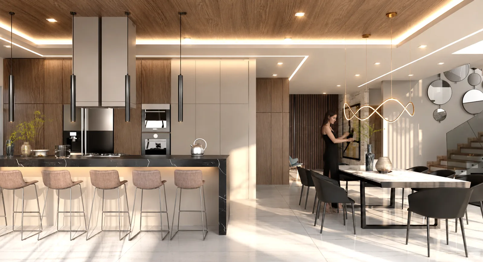 Render de la cocina con barra negra, bancos rosados y campana de acero.