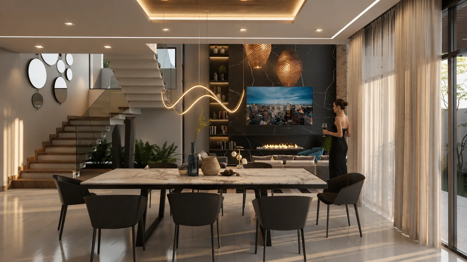 Render del comedor frente a la chimenea, con escalera flotante y lámparas tejidas.