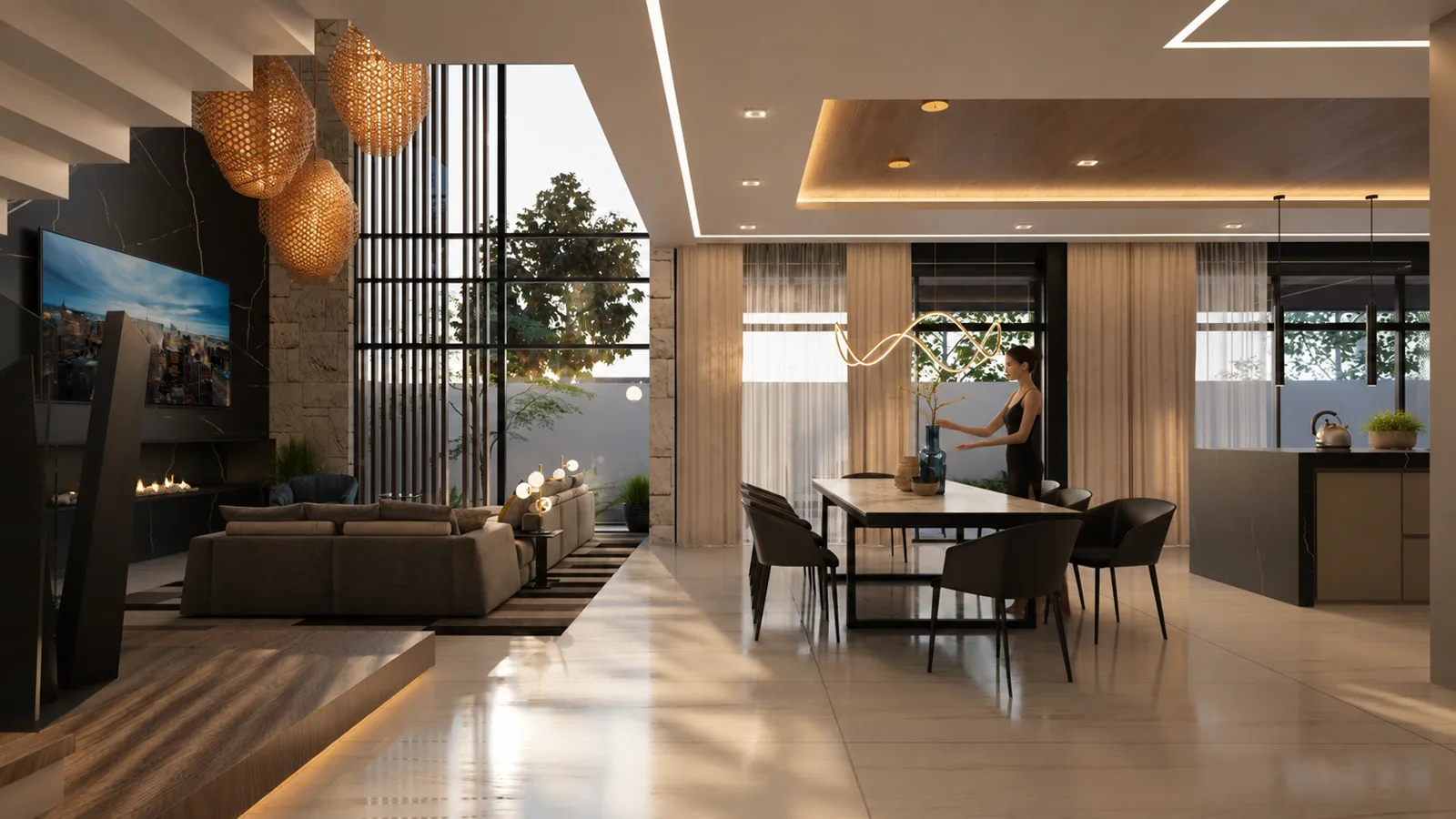 Render de la planta abierta con la sala hundida, el comedor y la cocina.