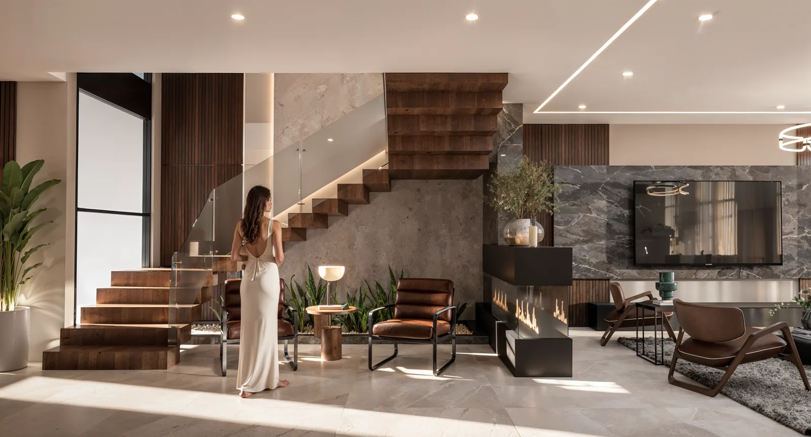 Render del estar con escalera flotante de madera, chimenea lineal y muro de mármol.