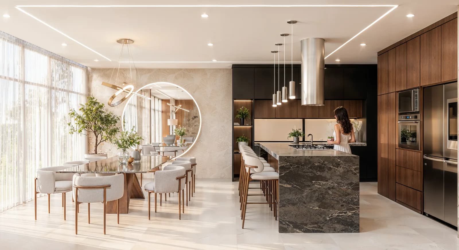 Render de la cocina de Cumbres de San Francisco, con isla de mármol oscuro, gabinetes de nogal y el comedor junto al ventanal.