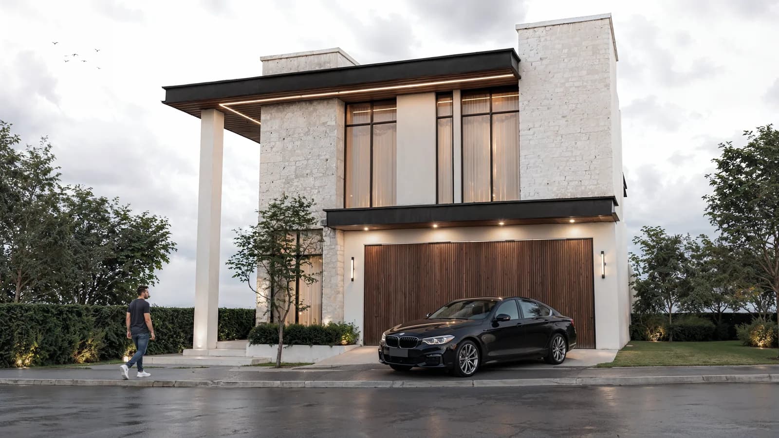 Render frontal de la fachada con el alero negro y la columna esbelta.
