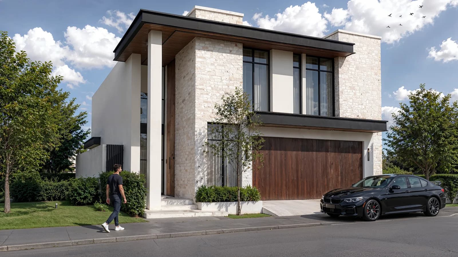 Render de la fachada principal con muros de piedra clara y la cochera de madera.