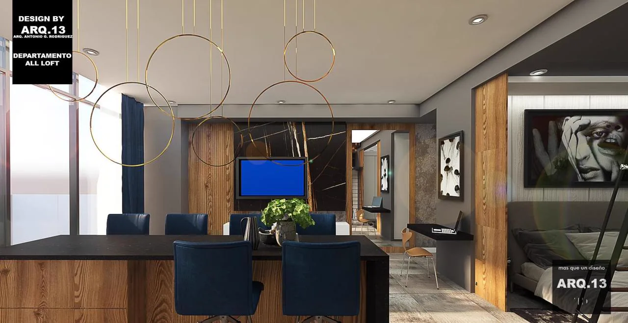 Render del comedor con sillas azul marino y lámparas de aros dorados.