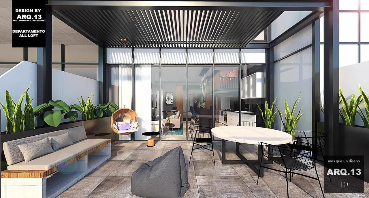 Render de la terraza techada con pérgola de lamas, sillón de exterior y mesa redonda.