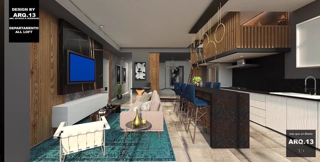 Render de la sala y la cocina con barra oscura y bancos azules.