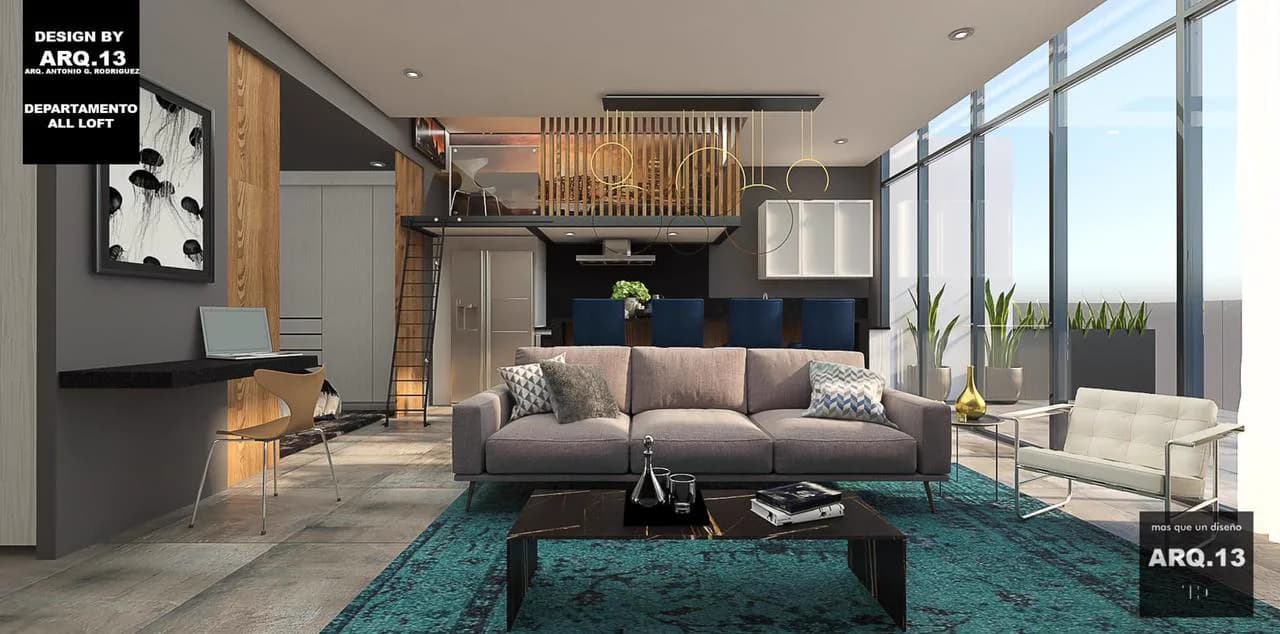Render de la sala de Departamento All Loft 15, con alfombra turquesa, ventanal de piso a techo y tapanco al fondo.