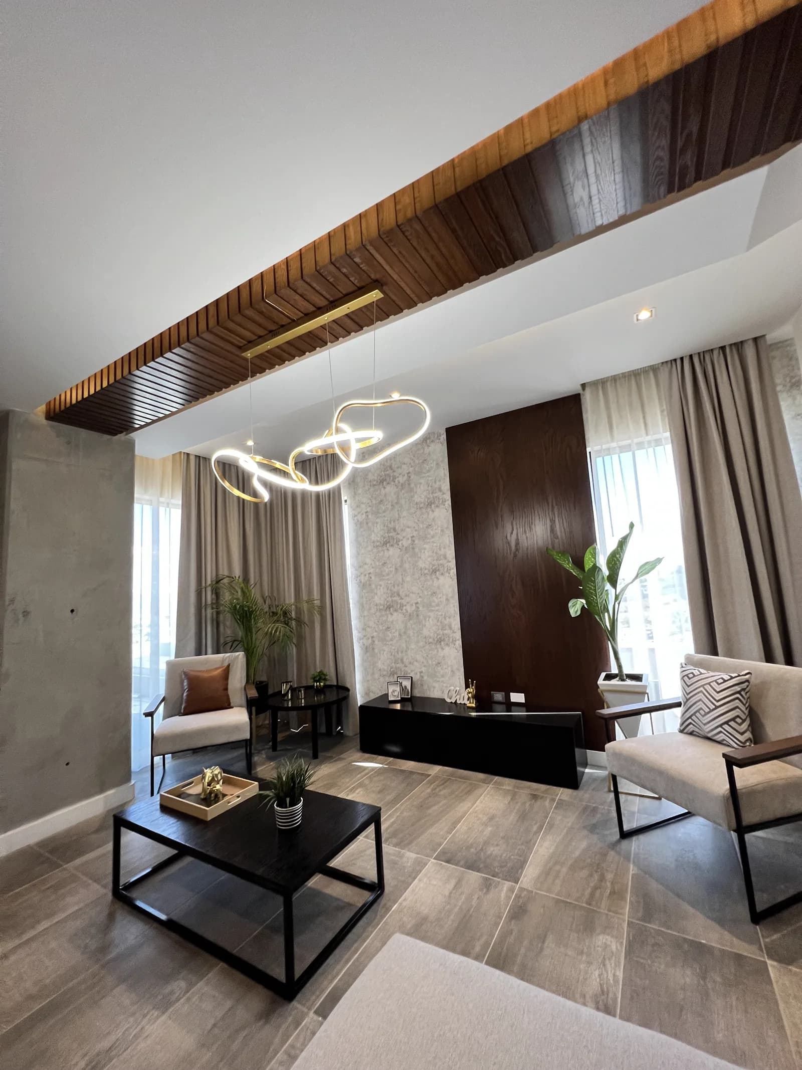 Sala con el muro de concreto aparente y la lámpara de trazo libre.