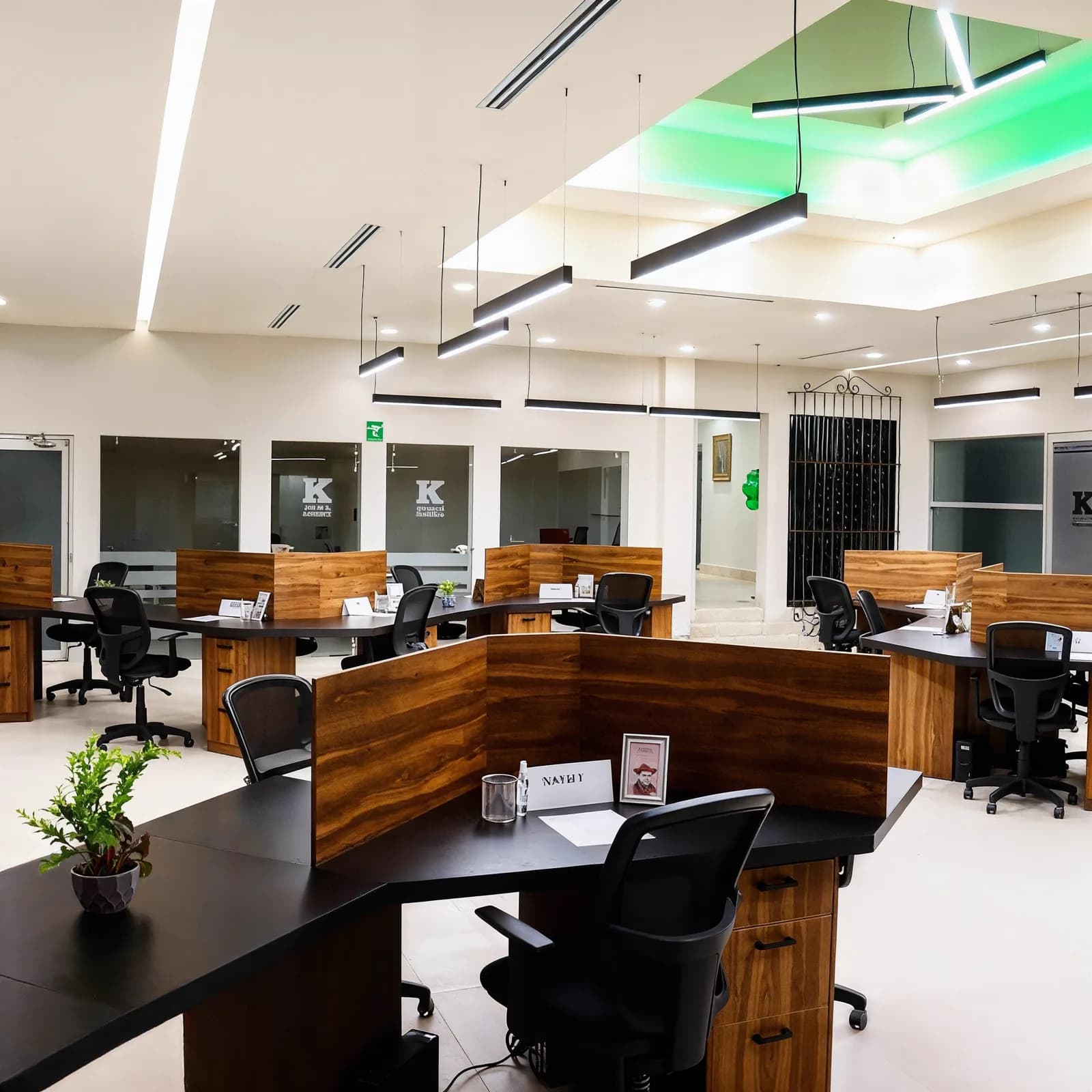 Estaciones de trabajo bajo el plafón escalonado con luz verde indirecta.