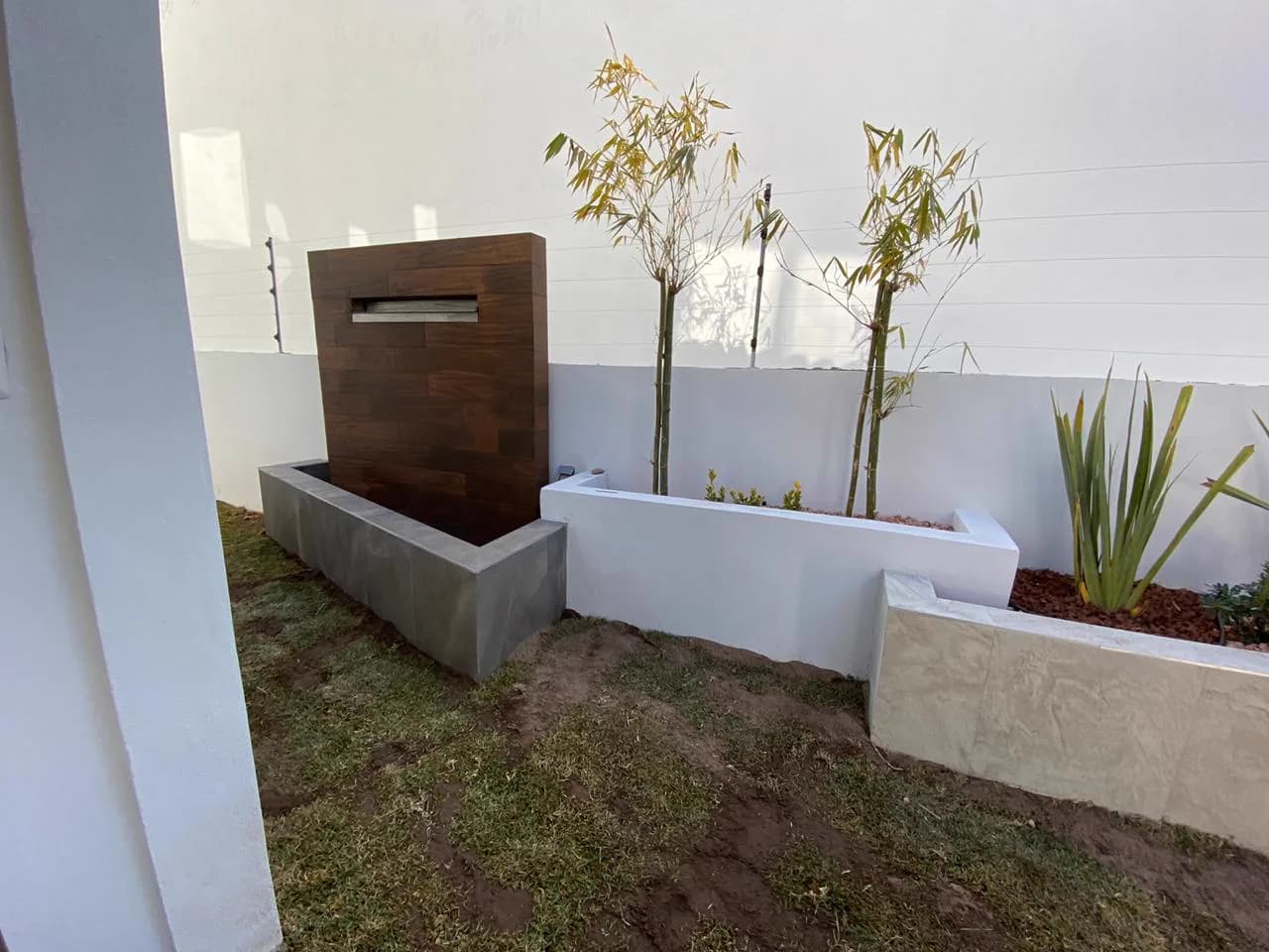 Fuente de muro de madera entre jardineras con bambú y agaves.