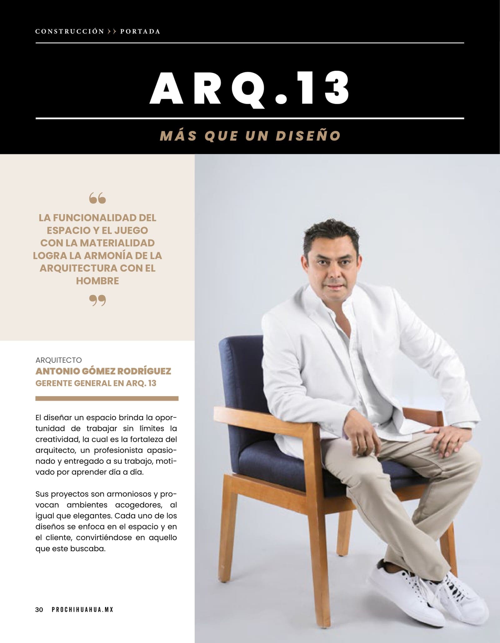 Página del artículo "ARQ.13: Más que un diseño" en la edición 94 de Pro Chihuahua, con foto del Arq. Antonio Gómez Rodríguez.