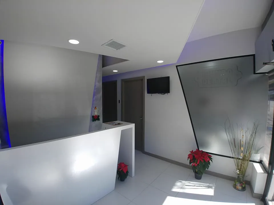 Sala de espera con el muro de cristal esmerilado y la recepción.