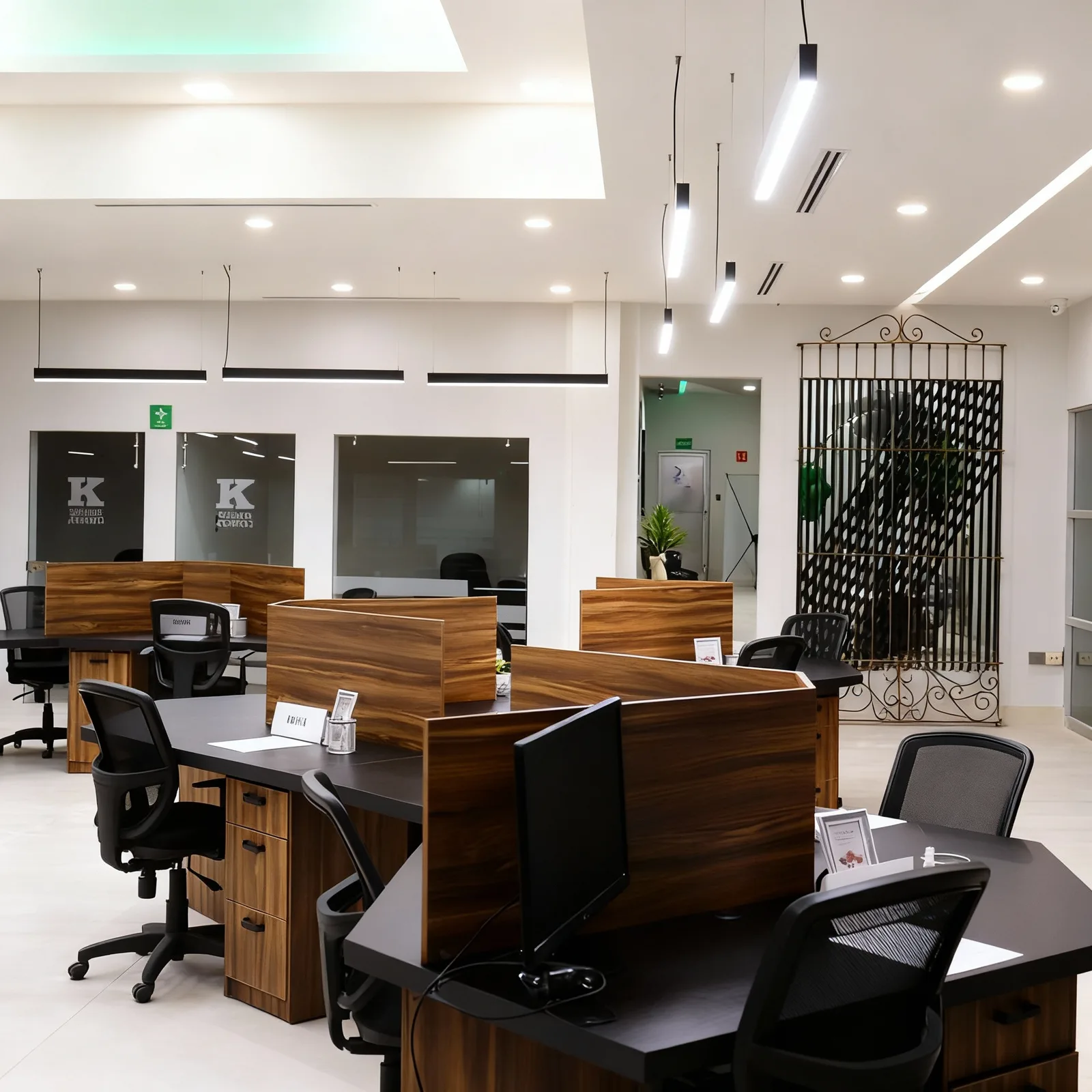 Área de trabajo de Oficinas Kalisch, con estaciones de cubierta negra, mamparas de madera y lámparas lineales suspendidas.